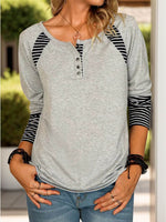 Full Size Striped Quarter Button Long Sleeve T-Shirt - Amexza