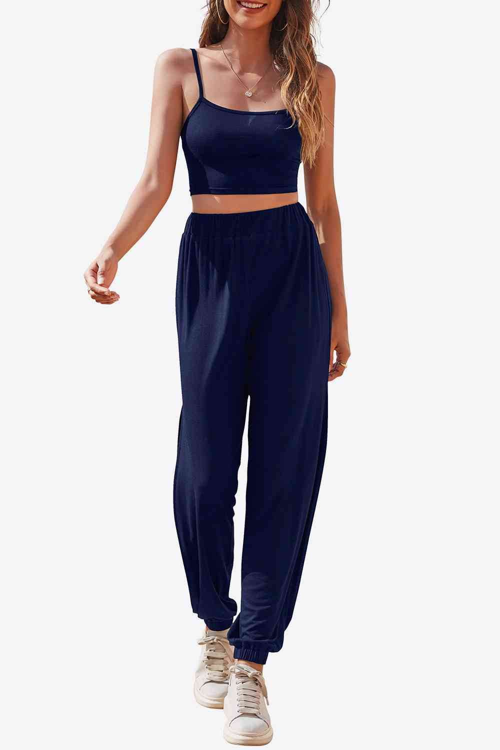 Cropped Cami and Side Split Joggers Set Dark Blue for a perfect OOTD – dress to impress outfits from Amexza