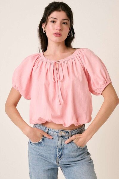 Mittoshop Linen Two-Way Short Sleeve Crop Blouse Blush Pink for a perfect OOTD – dress to impress outfits from Amexza