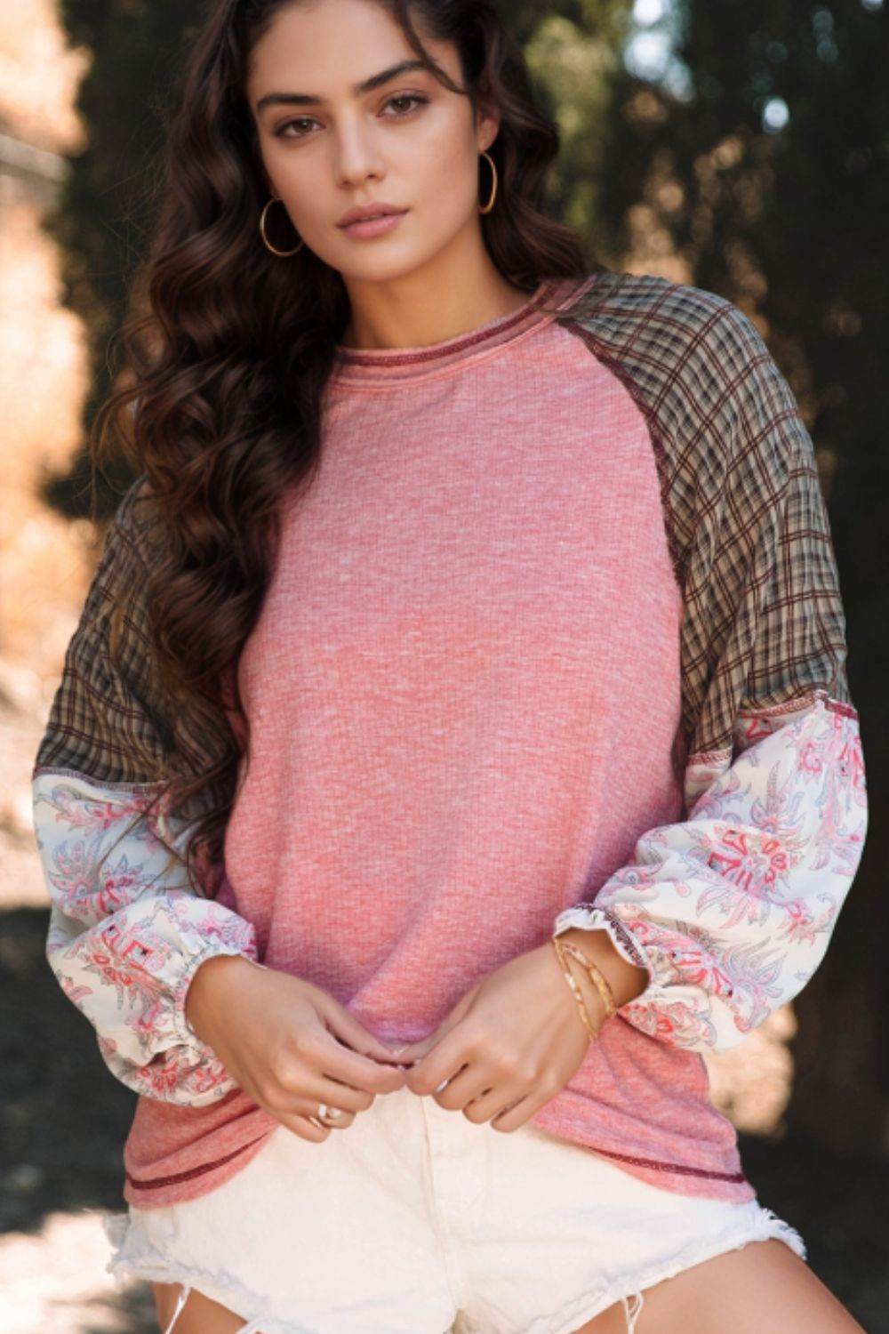 Plaid Floral Patchwork Round Neck Long Sleeve Top Dusty Pink for a perfect OOTD – dress to impress outfits from Amexza