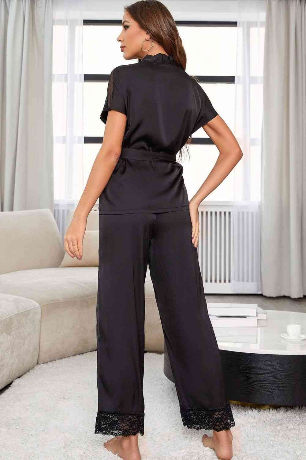 Surplice Neck Tie Waist Top and Pants Pajama Set - Amexza