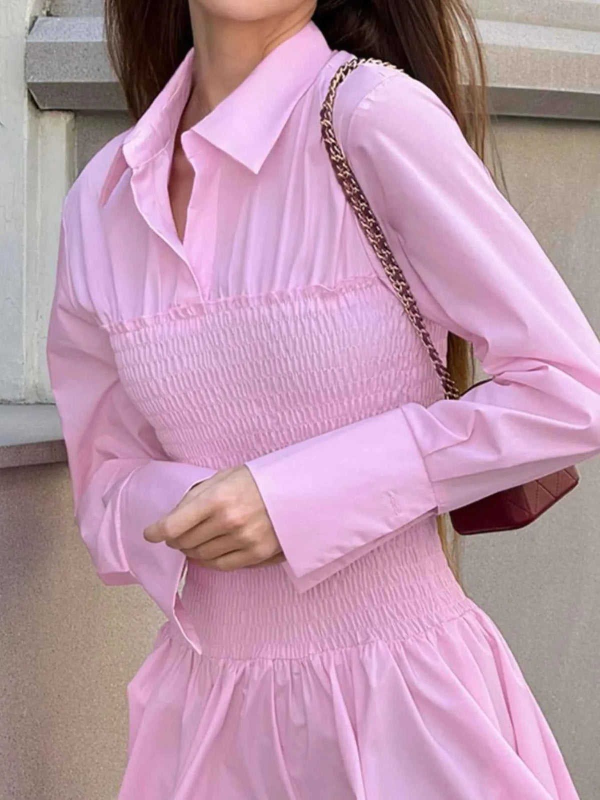 Smocked Long Sleeve Shirt Dress