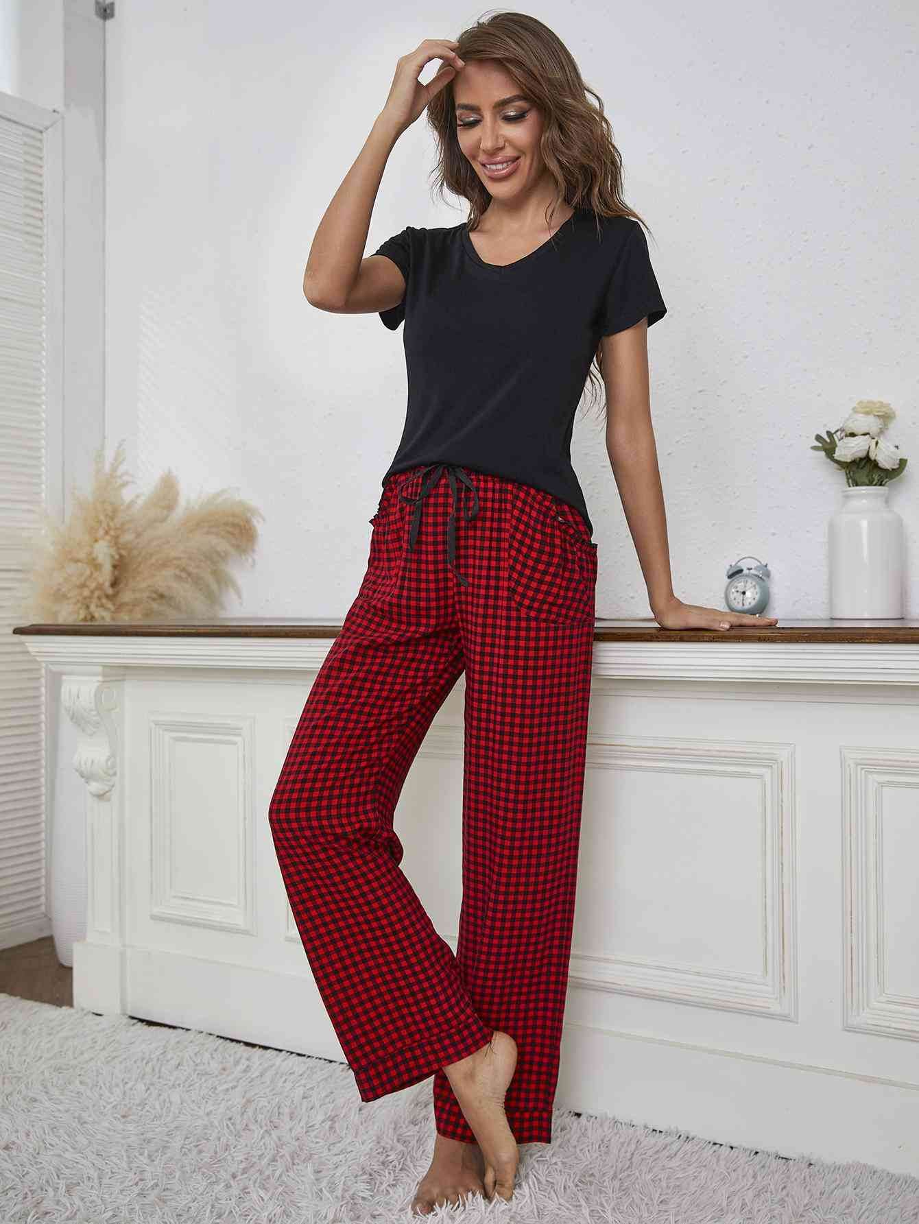 V-Neck Top and Gingham Pants Lounge Set - Amexza