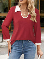Contrast Collared Neck Long Sleeve Top - Amexza