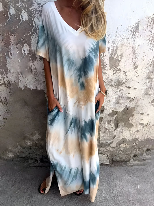 Full Size Pocketed Tie-Dye Short Sleeve Dress - Pastel Yellow / S