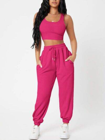 Wide Strap Top and Drawstring Joggers Set Hot Pink for a perfect OOTD – dress to impress outfits from Amexza