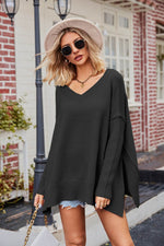 V-Neck Slit Exposed Seam Sweater Black for a perfect OOTD – dress to impress outfits from Amexza