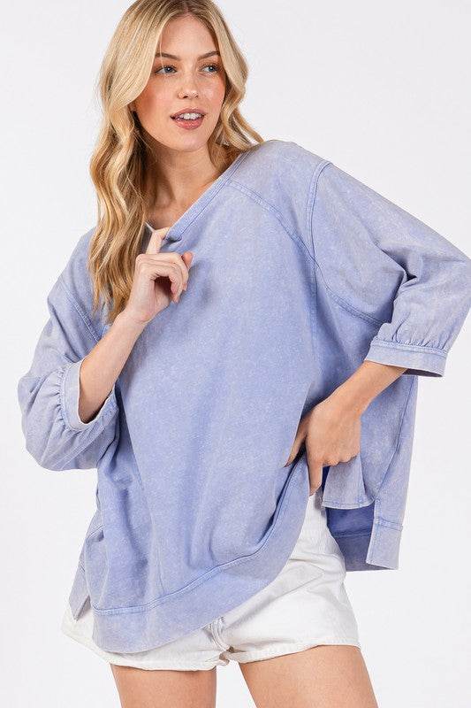 SAGE + FIG Mineral Washed Side Slit Round Neck Sweatshirt for a perfect OOTD – dress to impress outfits from Amexza