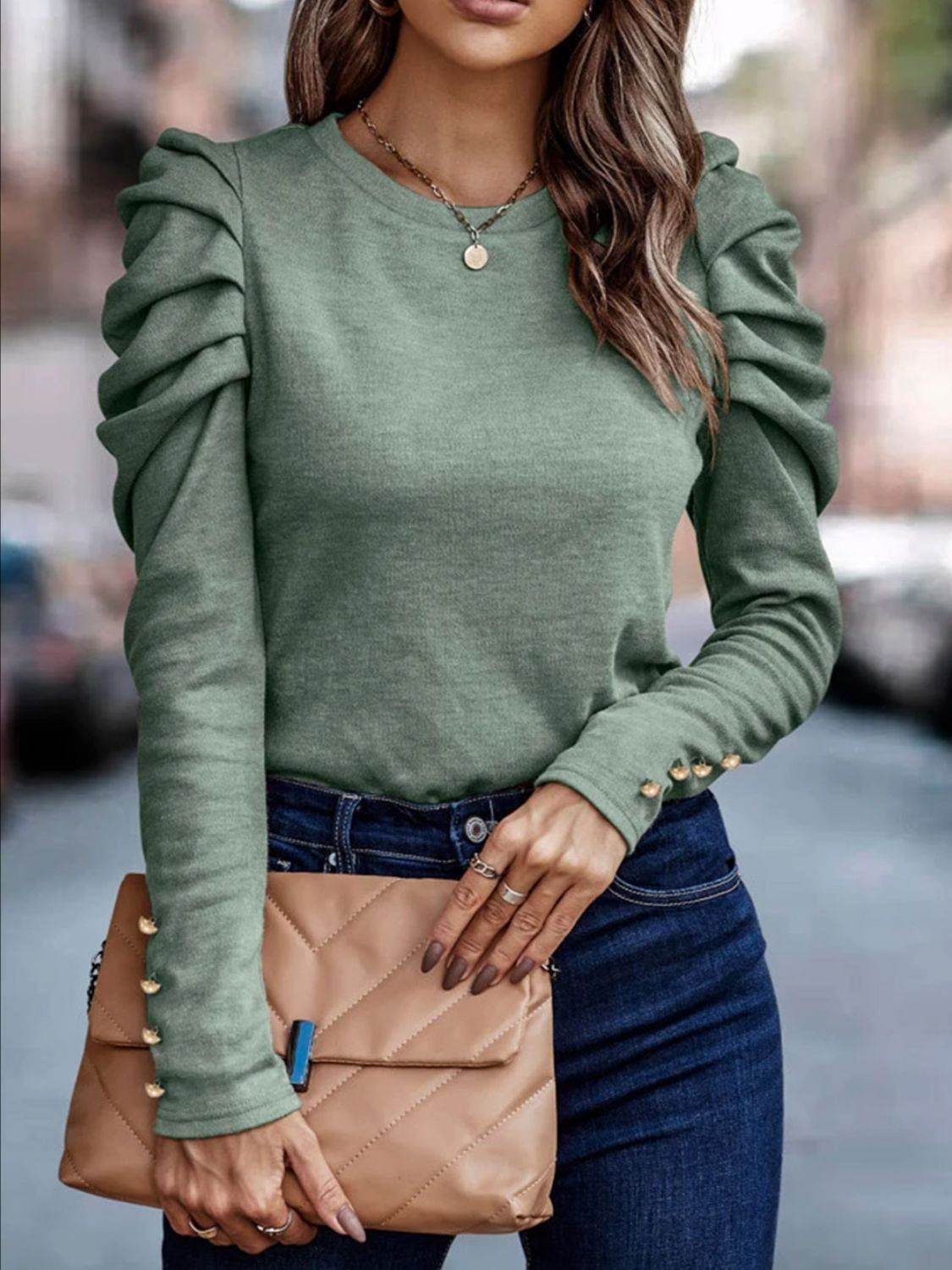 Round Neck Puff Sleeve Sleeve Blouse Sage for a perfect OOTD – dress to impress outfits from Amexza