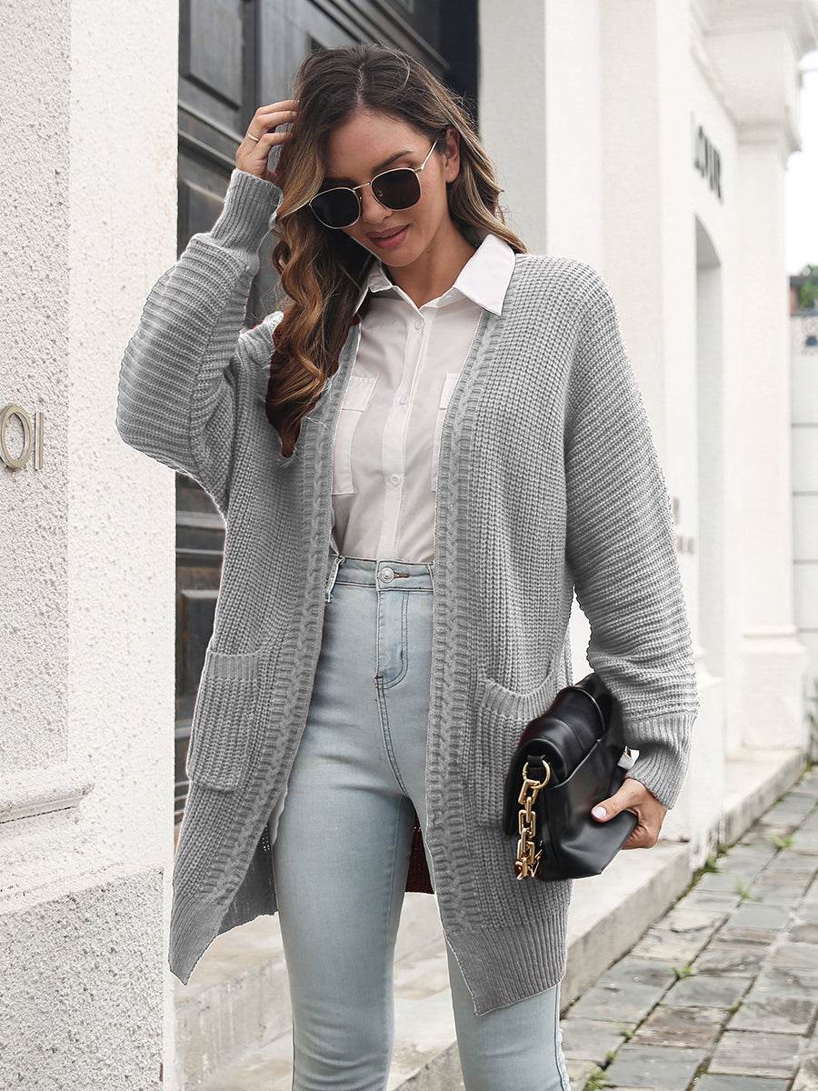 Open Front Rib-Knit Cardigan with Pockets Light Gray for a perfect OOTD – dress to impress outfits from Amexza