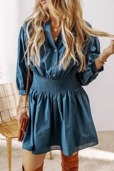 Smocked Half Button Three-Quarter Sleeve Mini Dress French Blue for a perfect OOTD – dress to impress outfits from Amexza