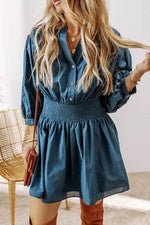 Smocked Half Button Three-Quarter Sleeve Mini Dress French Blue for a perfect OOTD – dress to impress outfits from Amexza