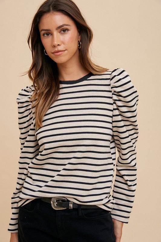 Annie Wear Striped Round Neck Puff Sleeve French Terry Top Black for a perfect OOTD – dress to impress outfits from Amexza