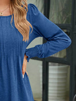 Smocked Round Neck Lantern Sleeve Blouse - Amexza