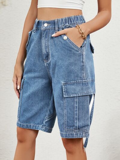 Buttoned Elastic Waist Denim Shorts with Pockets for a perfect OOTD – dress to impress outfits from Amexza