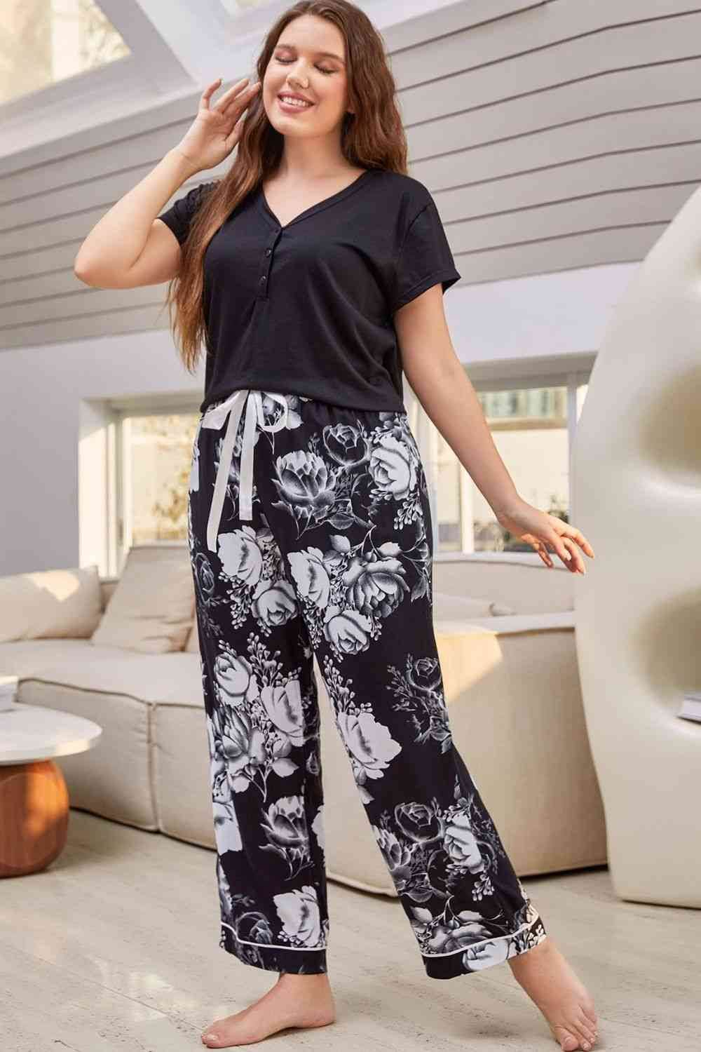 Full Size V-Neck Top and Floral Pants Lounge Set Black for a perfect OOTD – dress to impress outfits from Amexza