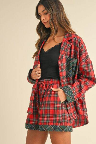 Annie Wear Contrast Plaid Long Sleeve Top and Shorts Set for a perfect OOTD – dress to impress outfits from Amexza