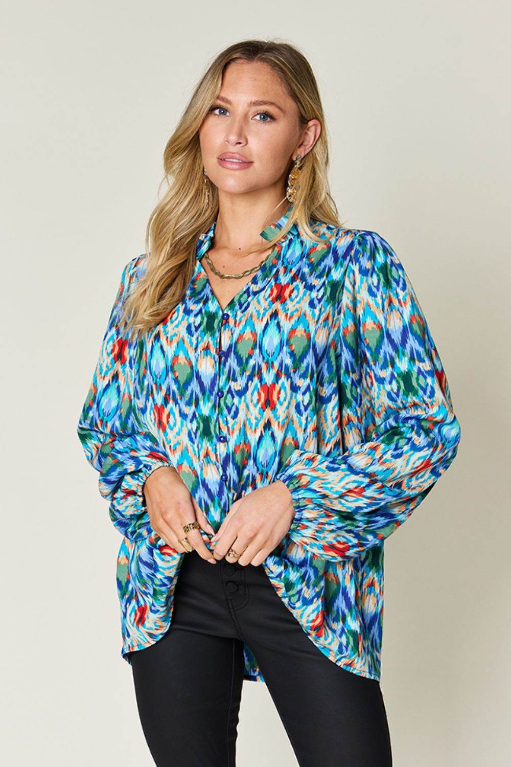 Double Take Full Size Printed Balloon Sleeve Blouse Sky Blue for a perfect OOTD – dress to impress outfits from Amexza