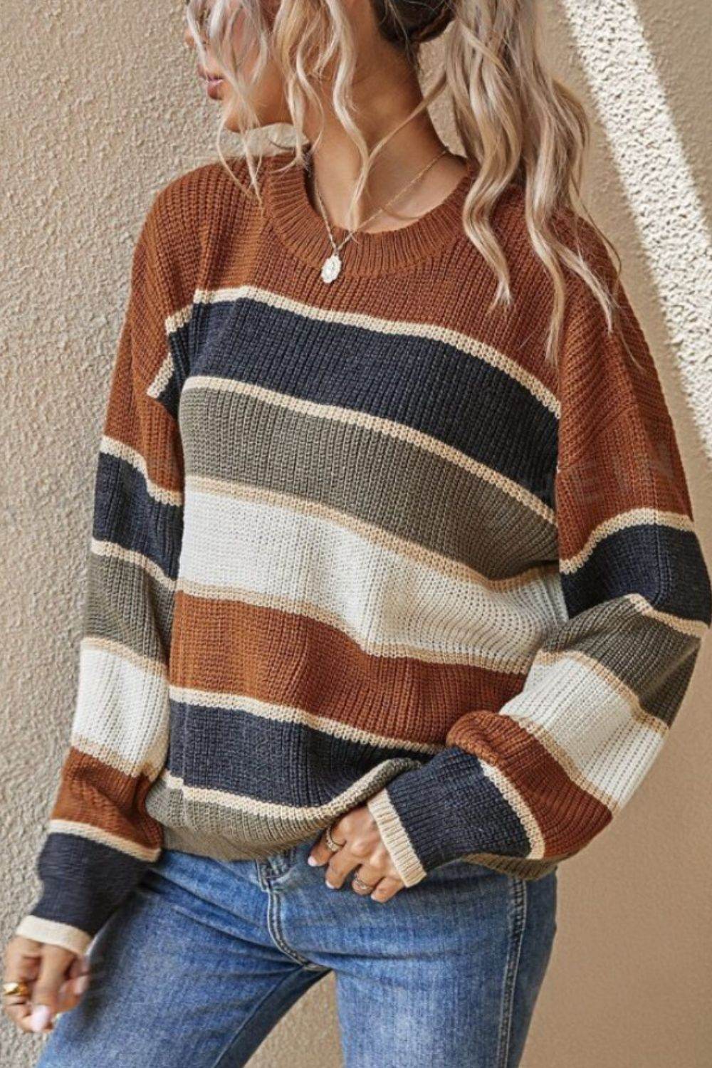 Contrast Striped Round Neck Long Sleeve Sweater Brown for a perfect OOTD – dress to impress outfits from Amexza