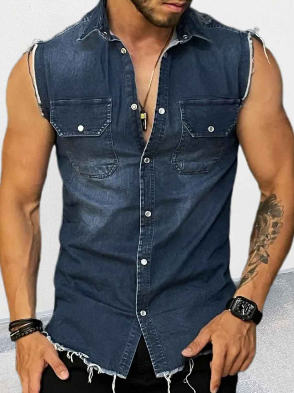 Men's Snap Down Sleeveless Denim Shirt Navy for a perfect OOTD – dress to impress outfits from Amexza