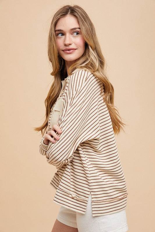 Annie Wear Striped Button Detail Long Sleeve Polo Top for a perfect OOTD – dress to impress outfits from Amexza