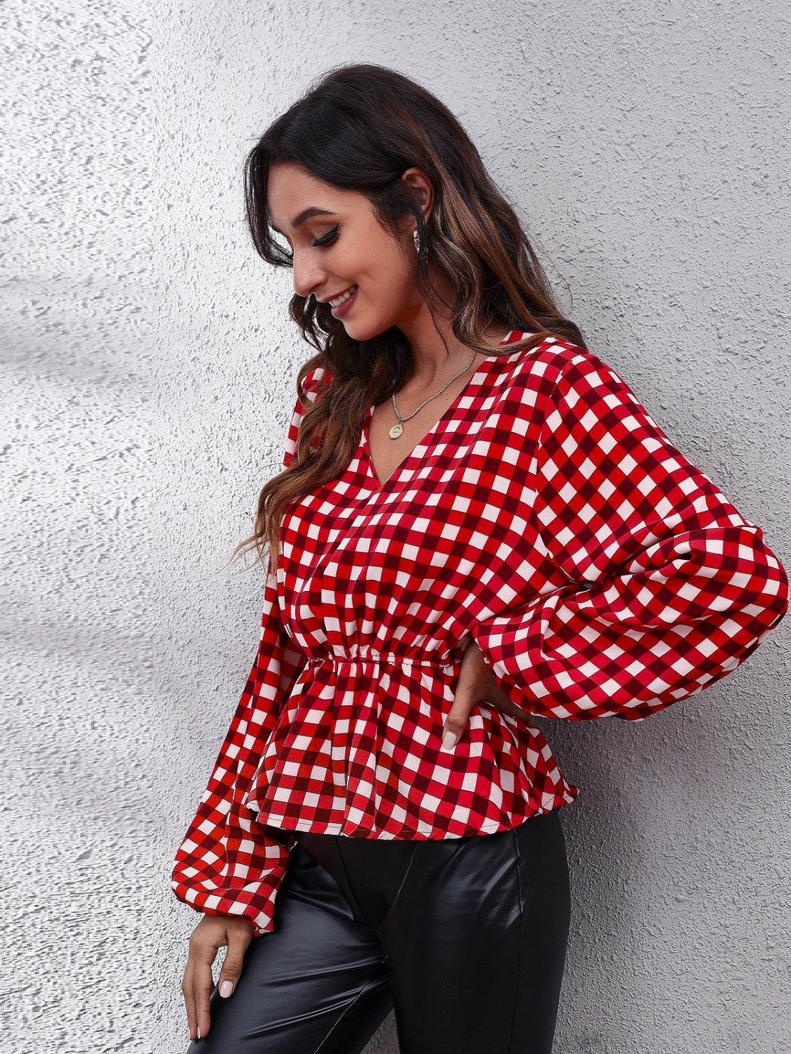 Plaid V-Neck Balloon Sleeve Peplum Blouse for a perfect OOTD – dress to impress outfits from Amexza