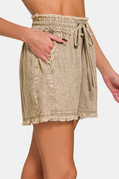 Zenana Washed Linen Frayed Hem Drawstring Shorts for a perfect OOTD – dress to impress outfits from Amexza