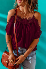 Spaghetti Strap Cold-Shoulder Lace Trim Blouse - Amexza