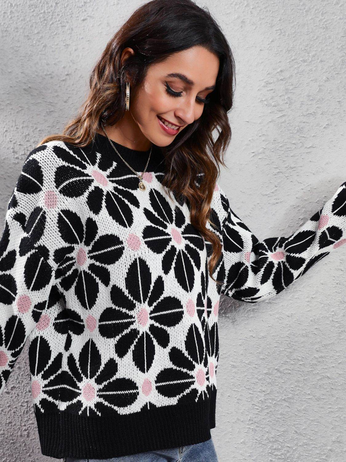 Floral Round Neck Long Sleeve Sweater for a perfect OOTD – dress to impress outfits from Amexza