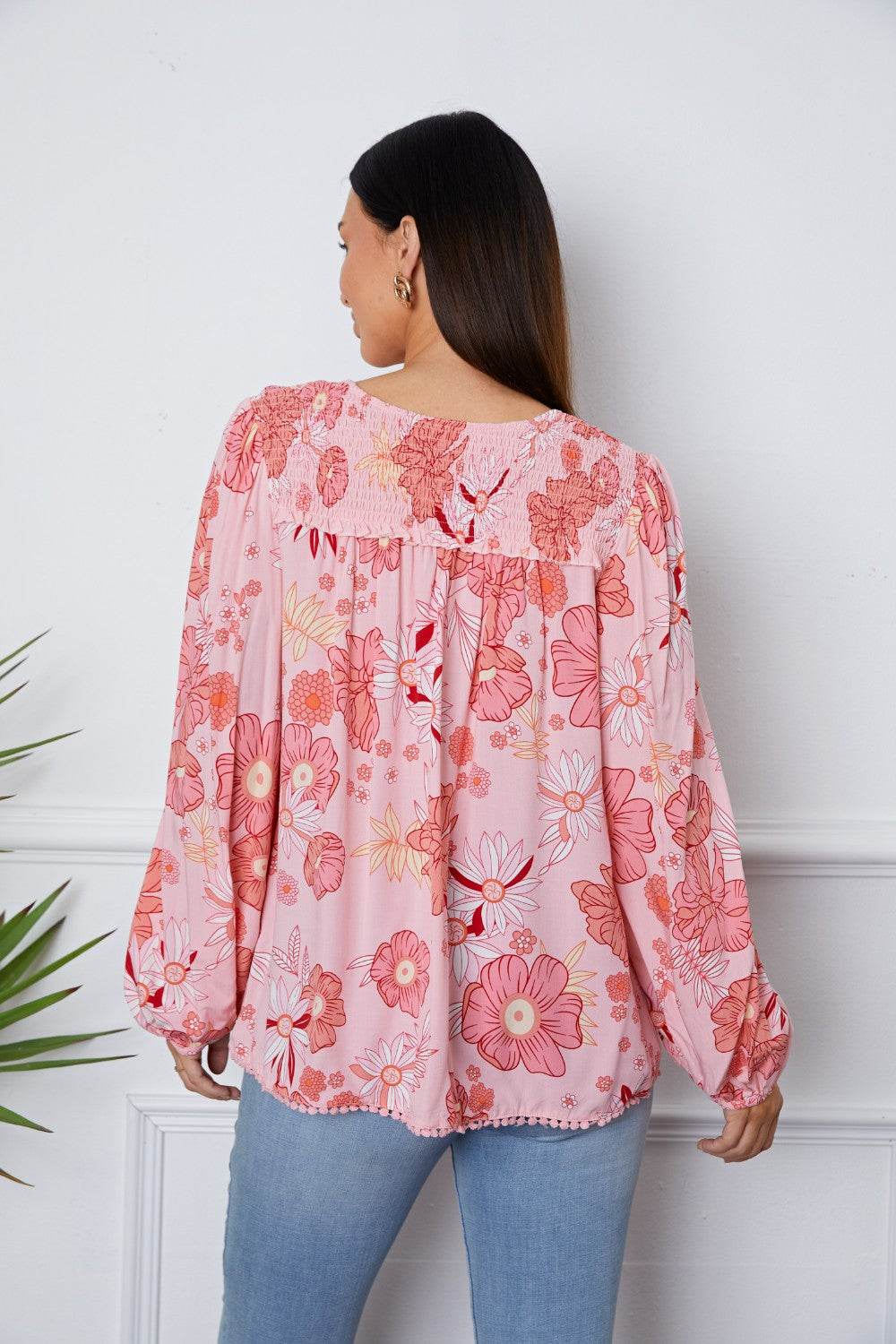 Floral Smocked Tassel Tie Balloon Sleeve Blouse for a perfect OOTD – dress to impress outfits from Amexza