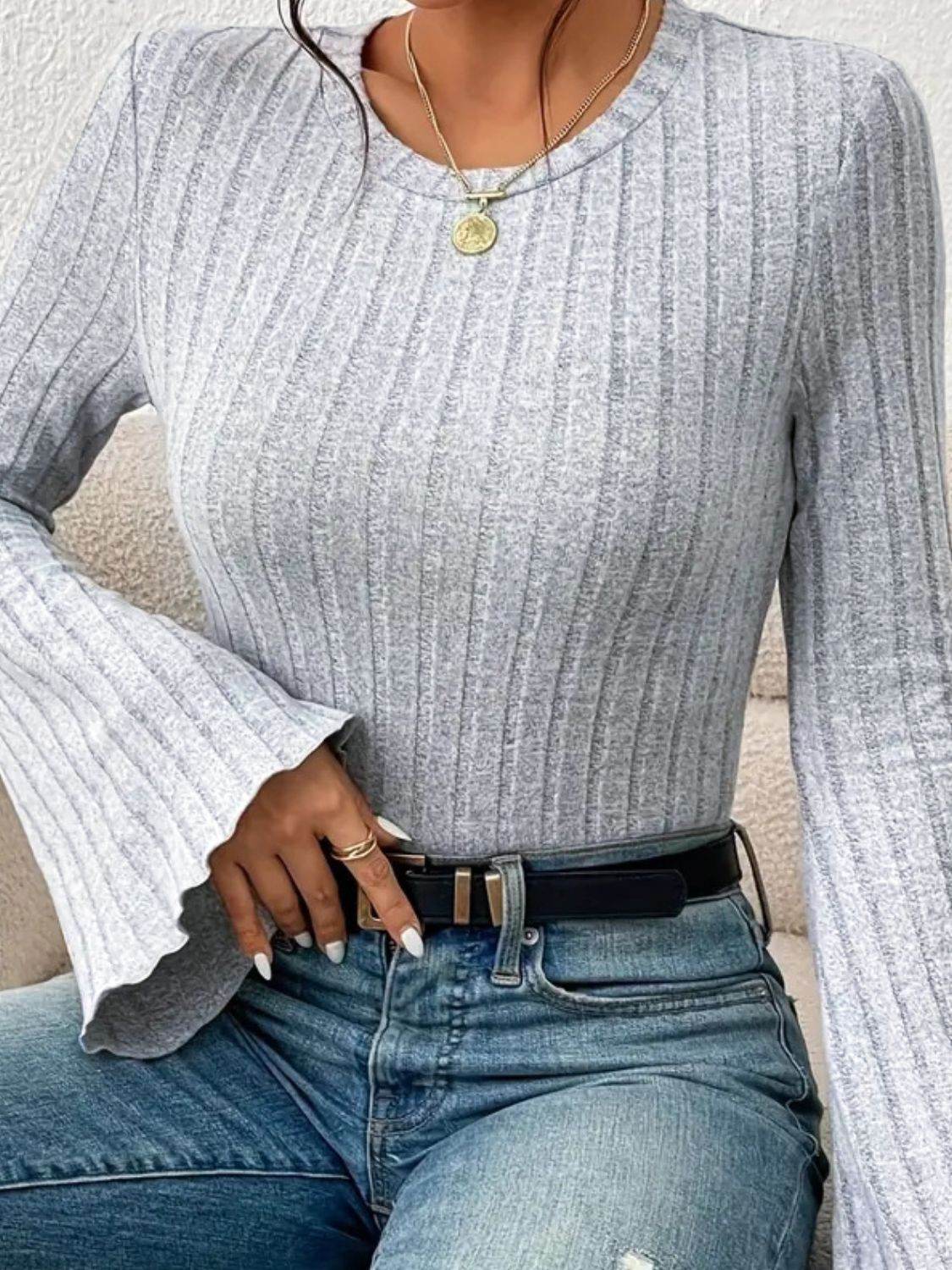 Ribbed Round Neck Flare Sleeve T-Shirt for a perfect OOTD – dress to impress outfits from Amexza