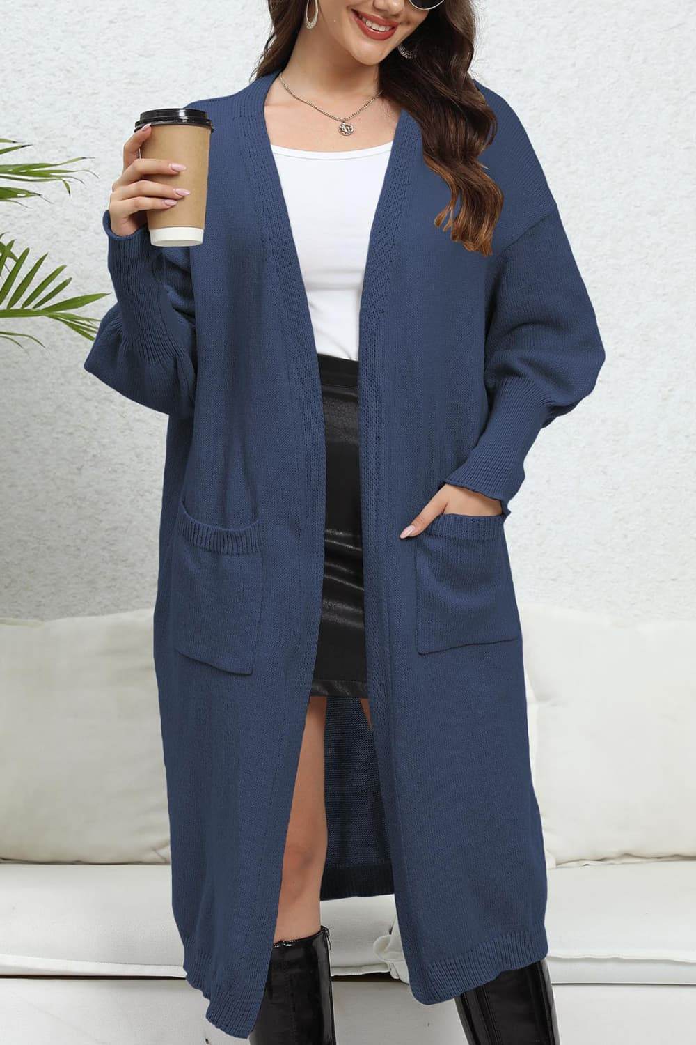 Open Front Dropped Shoulder Cardigan Dark Blue One Size for a perfect OOTD – dress to impress outfits from Amexza