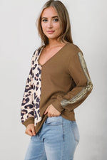 Leopard V-Neck Waffle-Knit Top - Amexza