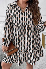 Plus Size Printed Johnny Collar Long Sleeve Dress Black for a perfect OOTD – dress to impress outfits from Amexza