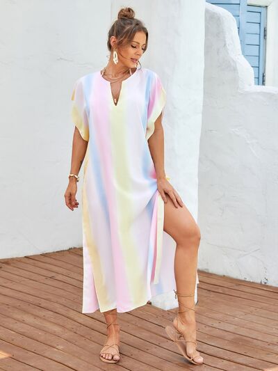 Slit Striped Notched Short Sleeve Cover Up for a perfect OOTD – dress to impress outfits from Amexza