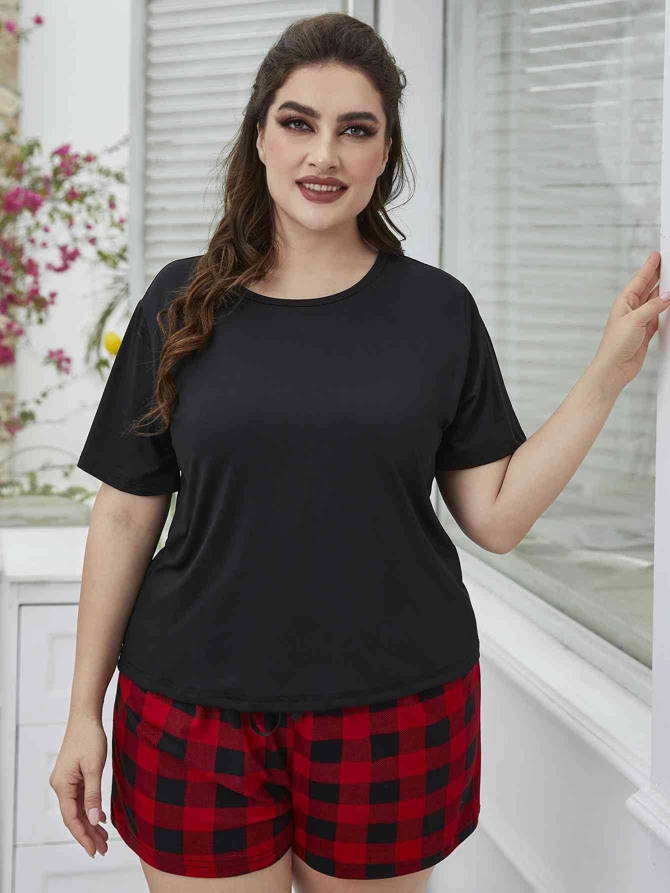 Plus Size Round Neck Tee Shirt and Plaid Shorts Lounge Set Black Red for a perfect OOTD – dress to impress outfits from Amexza