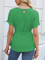 Tied Pleated Round Neck Short Sleeve Top - Amexza