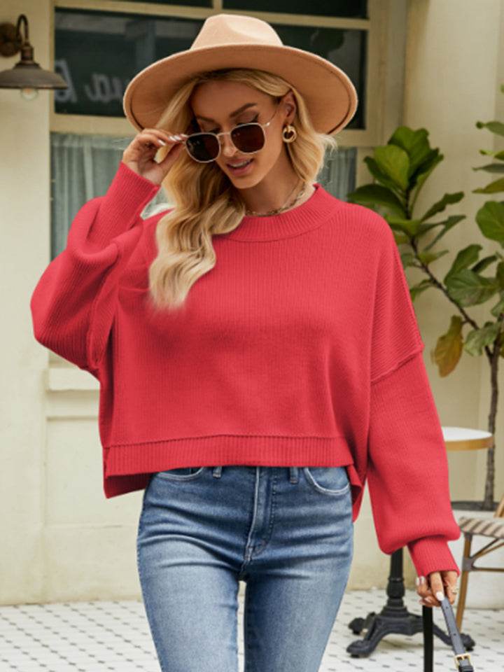 Round Neck Lantern Sleeve Sweater Red Orange for a perfect OOTD – dress to impress outfits from Amexza