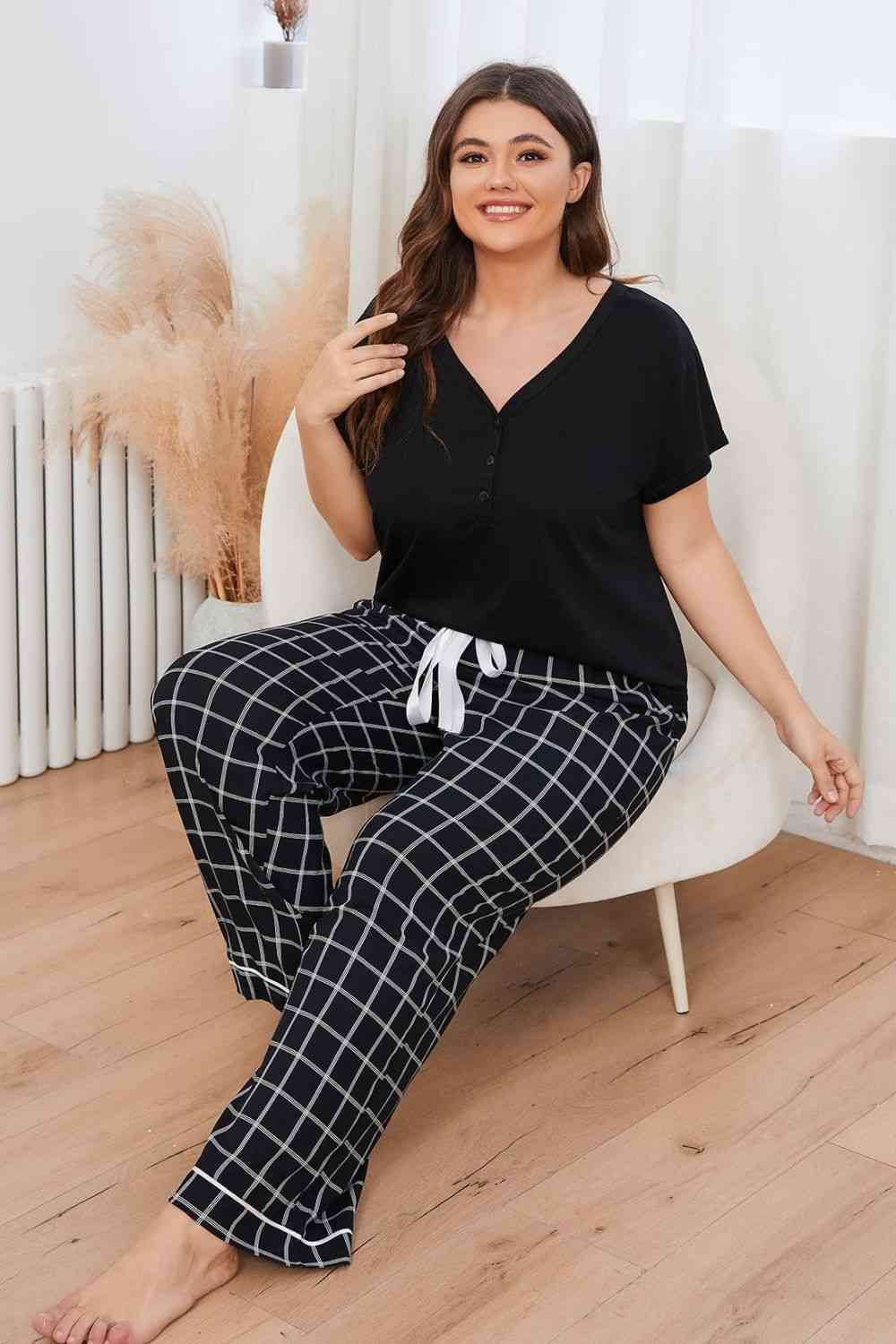 Plus Size V-Neck Top and Plaid Pants Lounge Set for a perfect OOTD – dress to impress outfits from Amexza