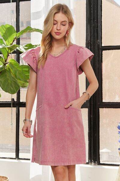 ADORA Mineral Washed V-Neck Ruffled Cap Sleeve Dress for a perfect OOTD – dress to impress outfits from Amexza