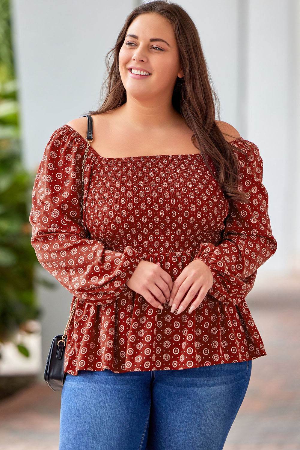 Plus Size Square Neck Balloon Sleeve Peplum Blouse Brick Red for a perfect OOTD – dress to impress outfits from Amexza