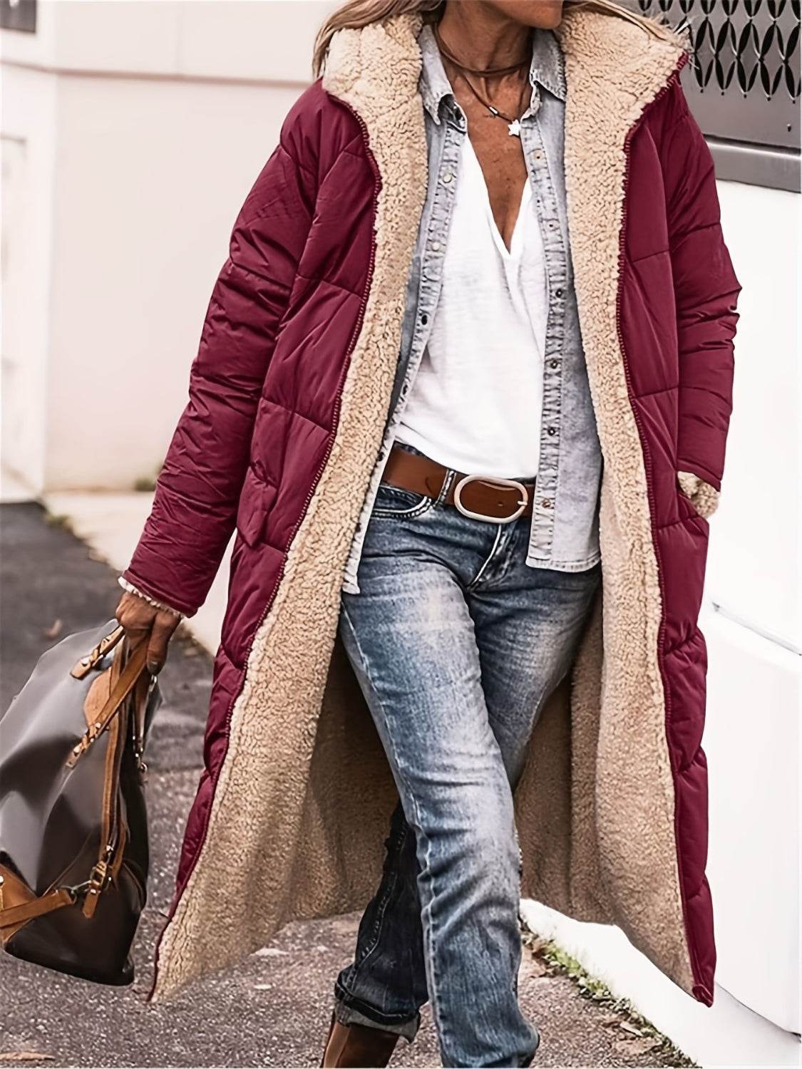 Full Size Zip Up Sherpa Hooded Coat Burgundy for a perfect OOTD – dress to impress outfits from Amexza