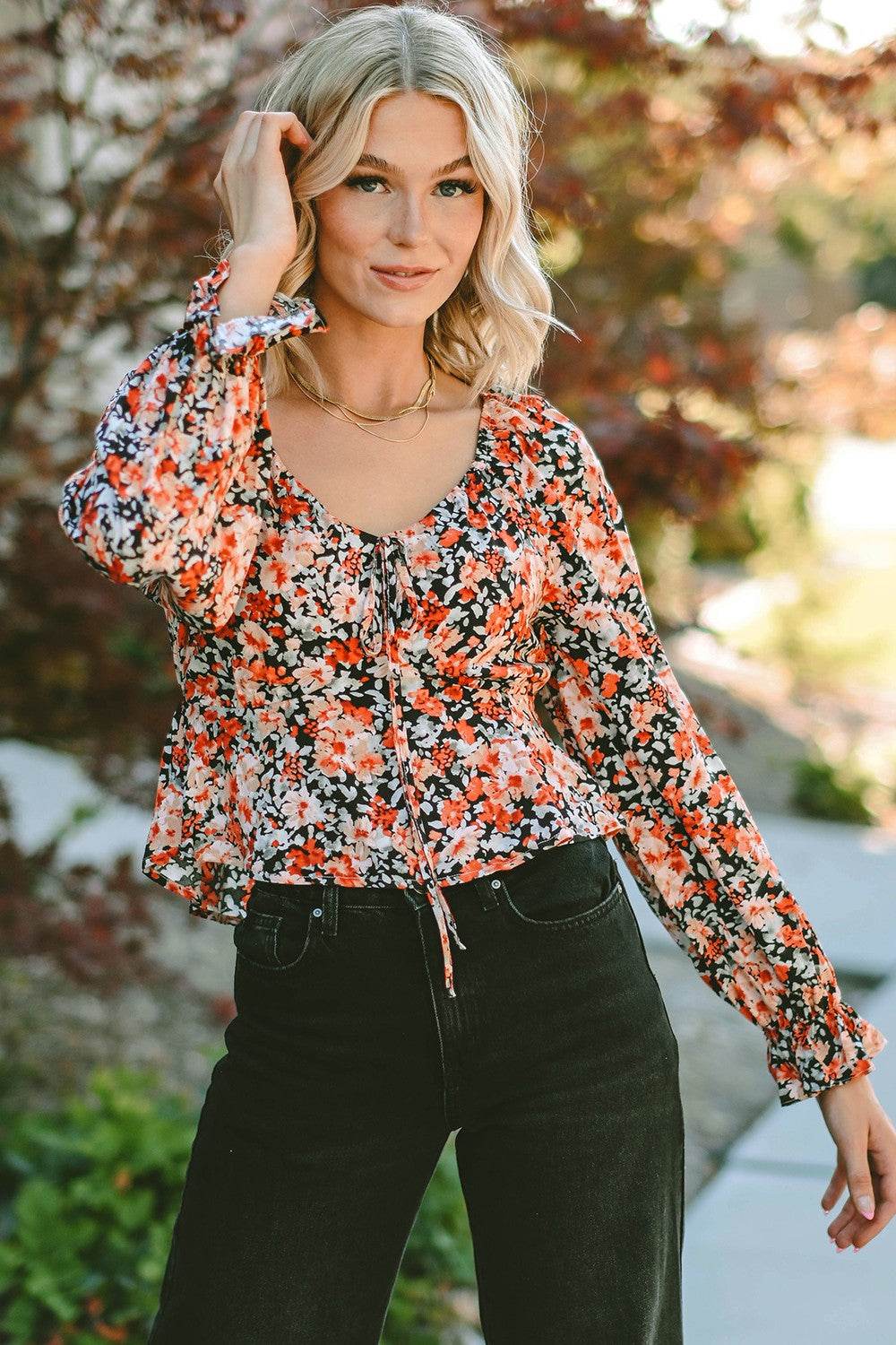 Floral Tied Flounce Sleeve Peplum Blouse for a perfect OOTD – dress to impress outfits from Amexza