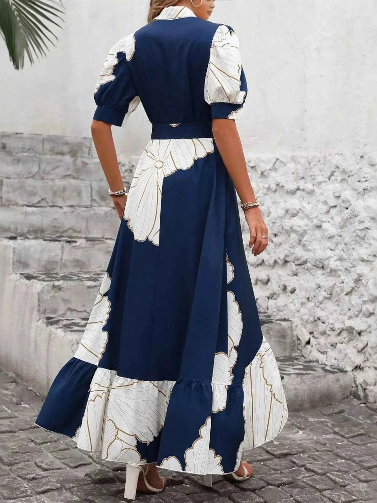 Printed Button Down Half Sleeve Maxi Shirt Dress