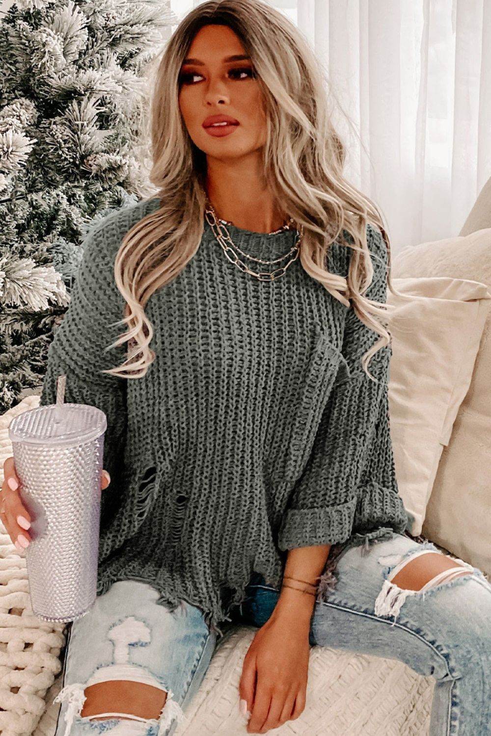 Distressed Round Neck Drop Shoulder Sweater for a perfect OOTD – dress to impress outfits from Amexza