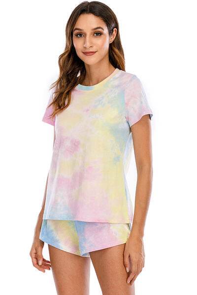 Tie-Dye Round Neck Short Sleeve Top and Shorts Lounge Set for a perfect OOTD – dress to impress outfits from Amexza