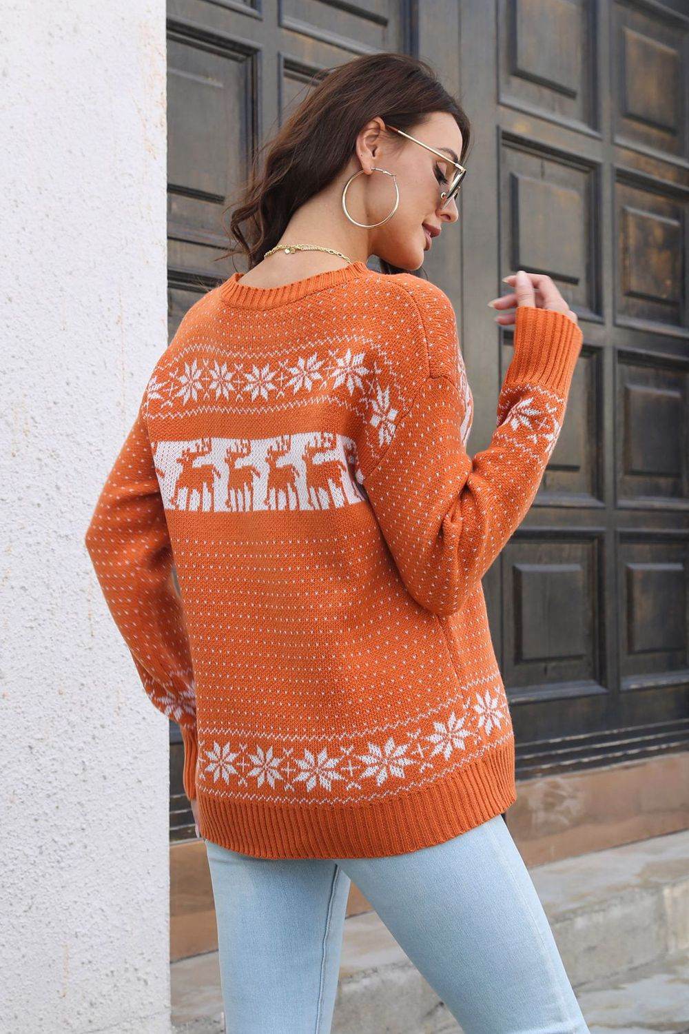 Reindeer & Snowflake Pattern Dropped Shoulder Pullover Sweater for a perfect OOTD – dress to impress outfits from Amexza