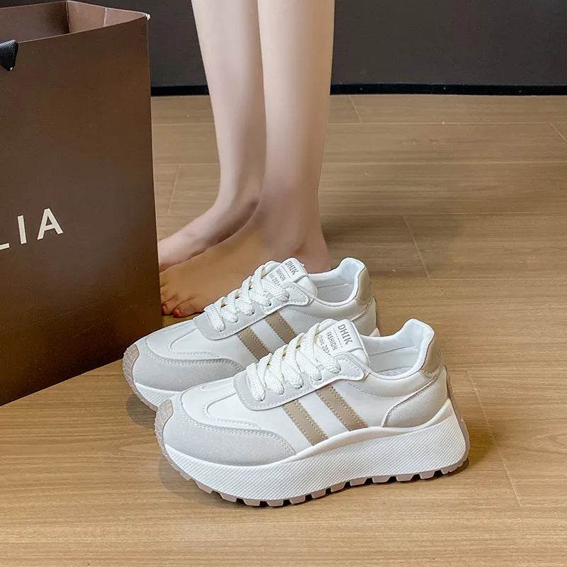 Side Striped Lace Up Platform Athletic Sneakers Beige for a perfect OOTD – dress to impress outfits from Amexza