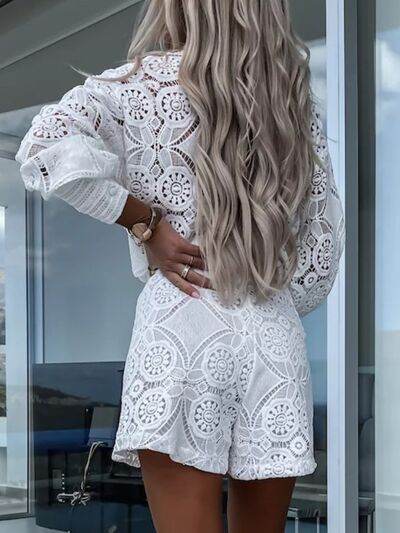 Lace Button Detail Long Sleeve Top and Shorts Set - Amexza