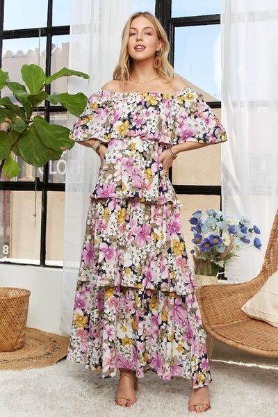 ADORA Layered Floral Off-Shoulder Short Sleeve Maxi Dress for a perfect OOTD – dress to impress outfits from Amexza